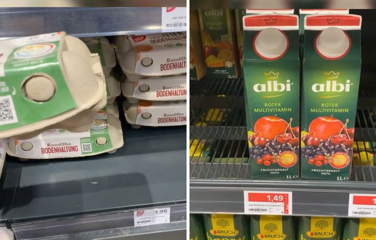 In un supermercato della Germania, il content creator ha trovato 12 uova a 2€ e un succo multivitaminico a 1.50€