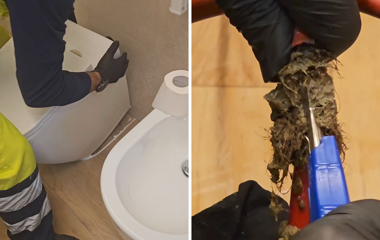 Nel video, i due idraulici mostrano come hanno smontato un WC perché il tubo di scarico era intasato da un "blocco" di capelli.