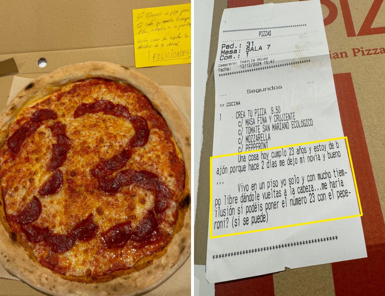 Il pizzaiolo ha fatto questa dedica al cliente che ha specificato nell'ordine di essersi lasciato con la fidanzata. Credits: ceciarmy - x.com