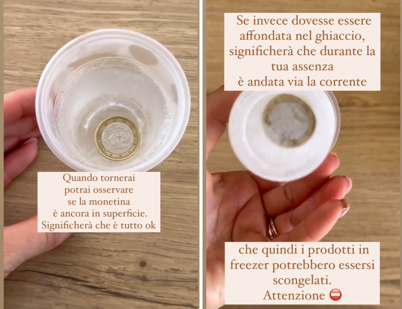 Come spiega il content creator, se la moneta è sul fondo, vuol dire che il freezer ha smesso di funzionare per diverse ore e la qualità degli alimenti potrebbe essere compromessa.