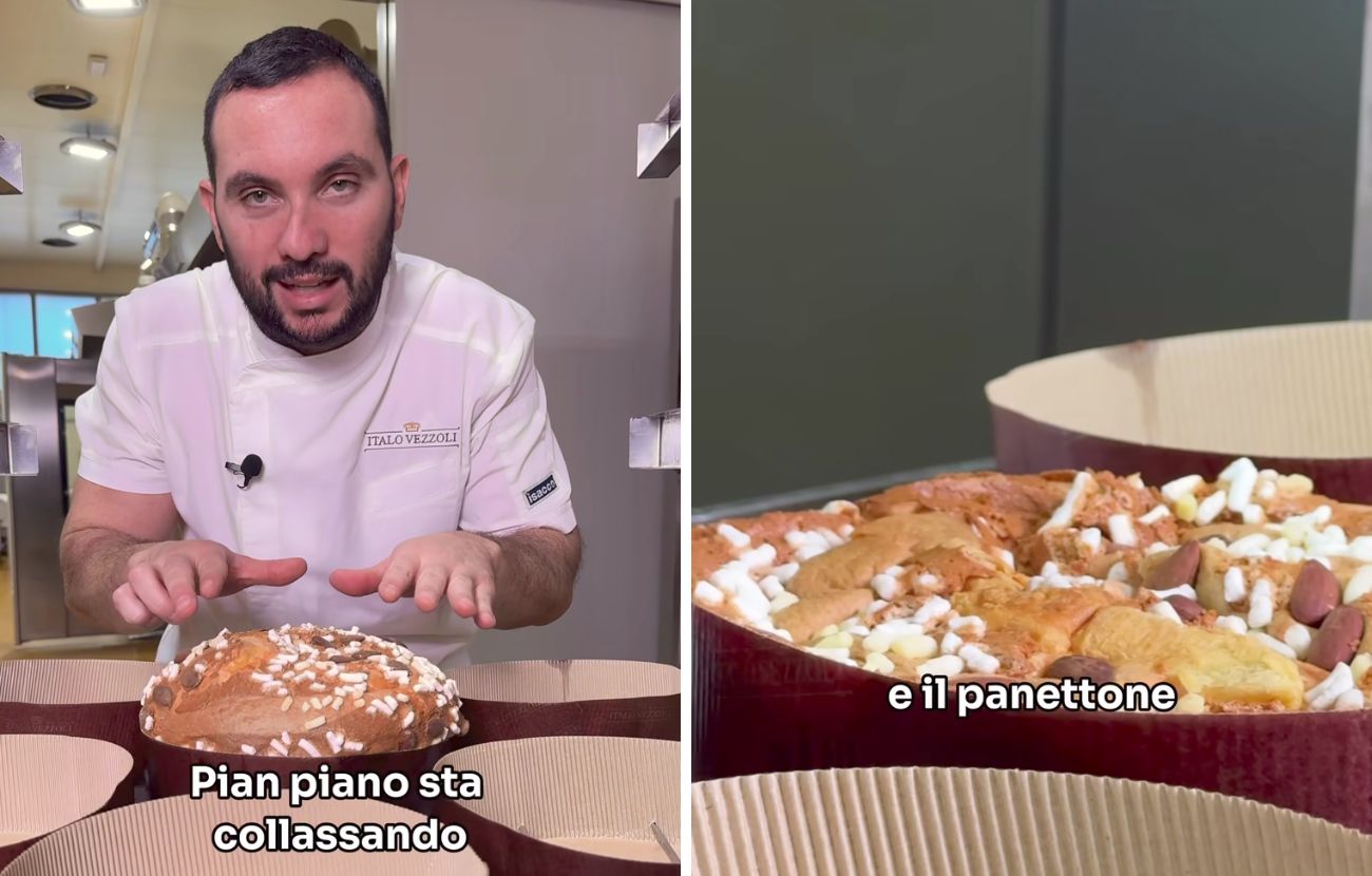 Vezzoli mostra il panettone non capovolto che nel giro di 40 secondi "collassa" su sé stesso.