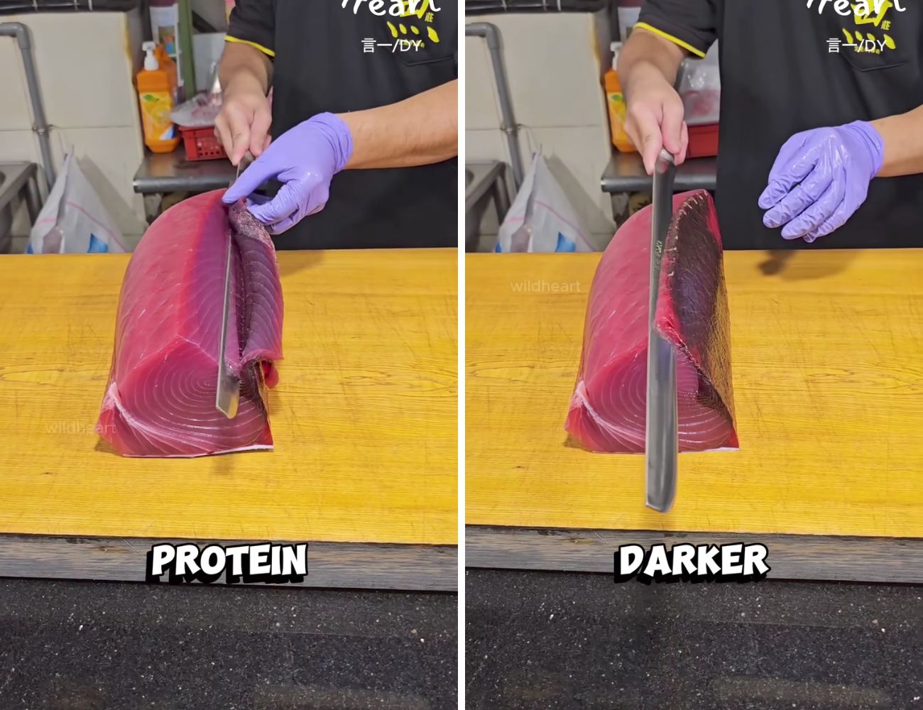 Un video informativo su Instagram ha mostrato il taglio del tonno, con la parte scura (a ridosso della pinna).