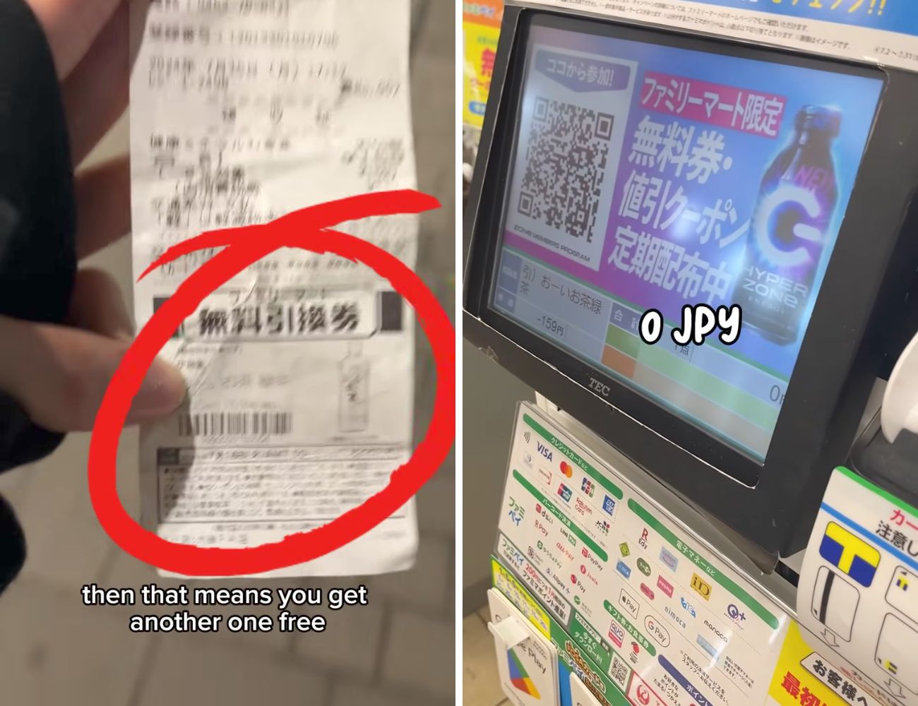 Grazie al codice a barre presente su uno scontrino di un conbini giapponese, la content creator ha avuto una bevanda a 0 yen.