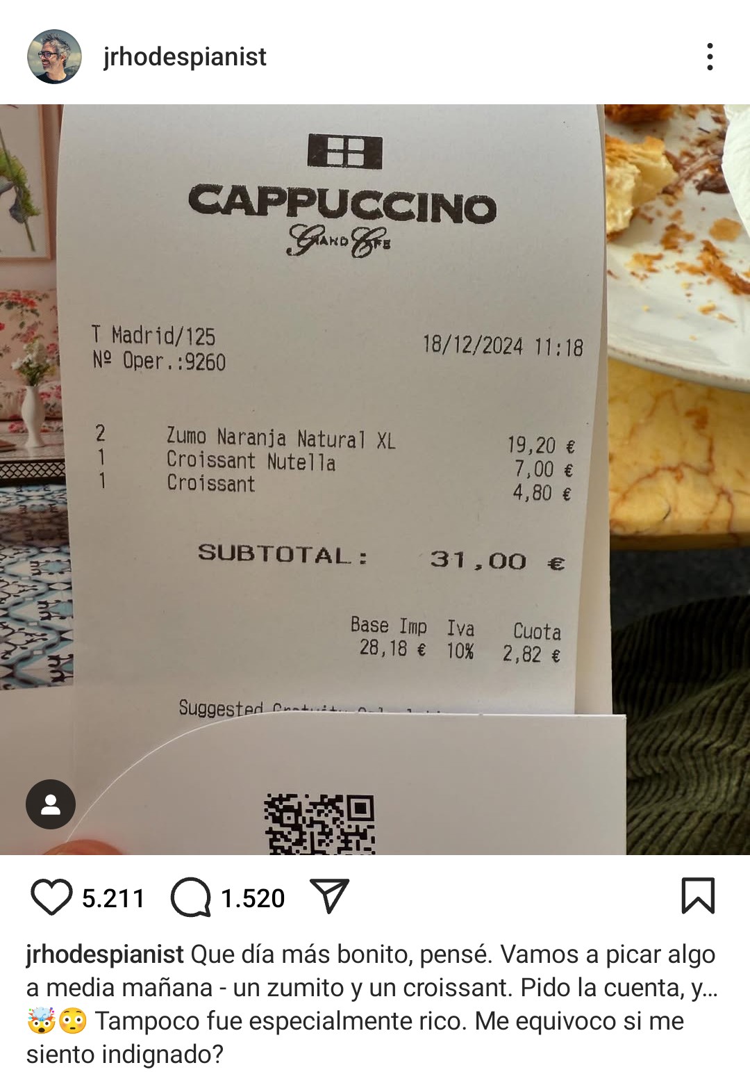 Lo scontrino per una colazione in pieno centro a Madrid: una spremuta d'arancia costa quasi 10€ e un croissant alla Nutella 7€.