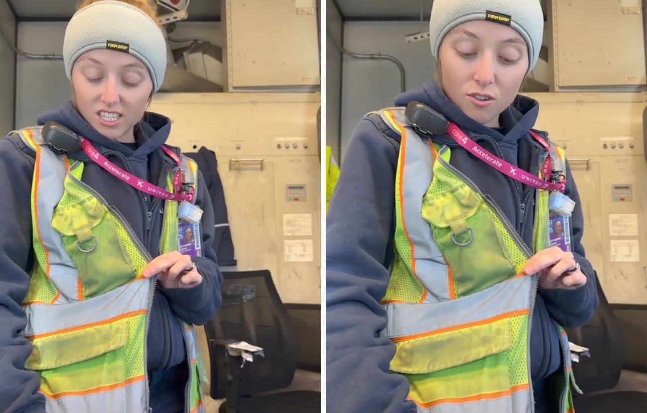 La donna che lavora in aeroporto ha mostrato la sua divisa a fine giornata, piena di quello che lei chiama "sporco di valigia"