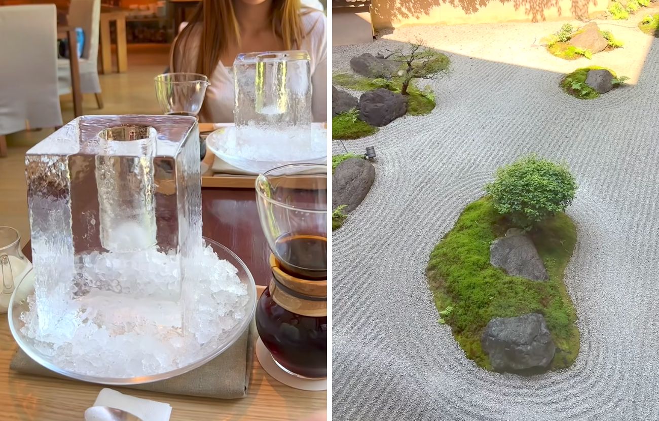 Il singolare caffè giapponese ghiacciato è servito in un locale al cui esterno è presente un affascinante giardino zen.