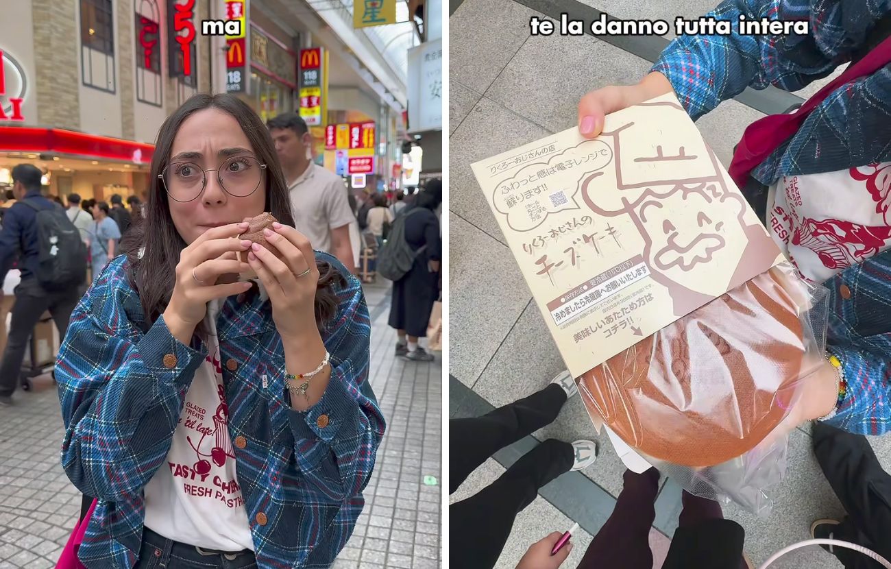 A destra la reazione di Matilde dopo aver morso la cheesecake giapponese, a destra il packaging.