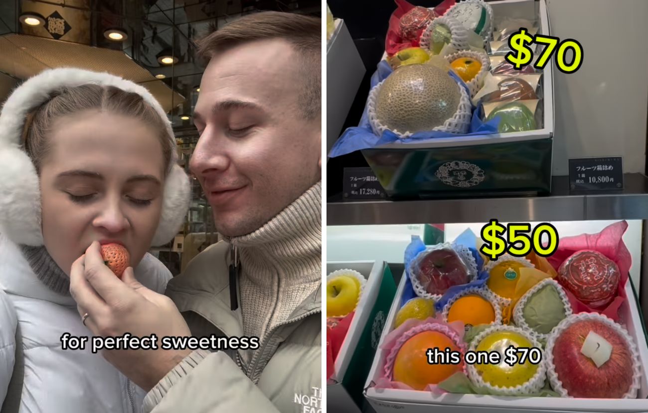 Oltre ad assaggiare la fragola più cara del mondo, la coppia ha osservato anche i prezzi dei famosi cesti di frutta giapponese, che hanno prezzi forse inconcepibili per un italiano e un europeo.
