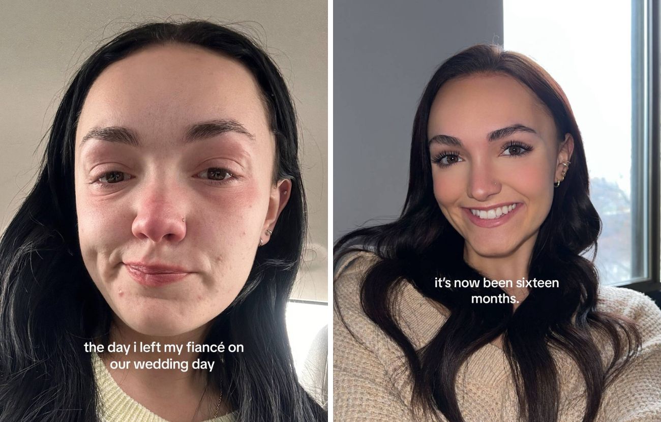 Alexis piangente nella mattina del suo (non) matrimonio e Alexis sorridente, sei mesi dopo.