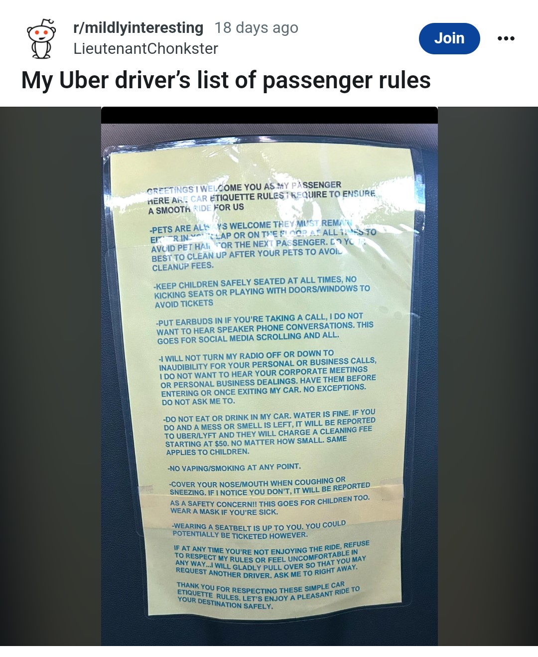 Il post originale di Reddit con le regole scritte dal tassista Uber