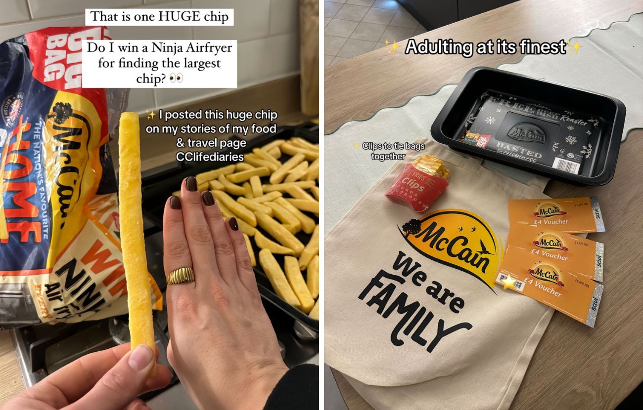 A sinistra la patata surgelata gigante, a destra i premi che McCain ha dato alla content creator dopo il siparietto social.