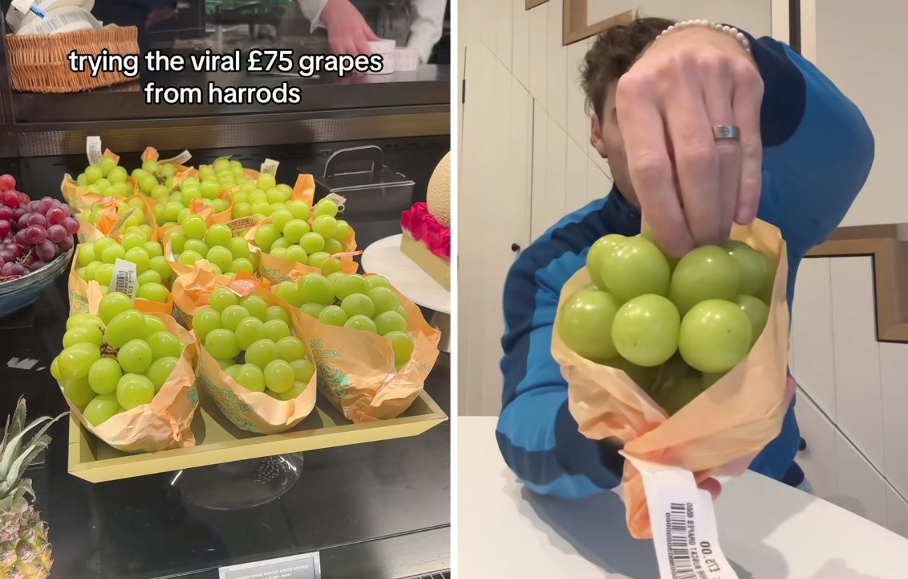 A sinistra, l'uva da 90€ esposta, a destra quando è tra le mani del content creator.