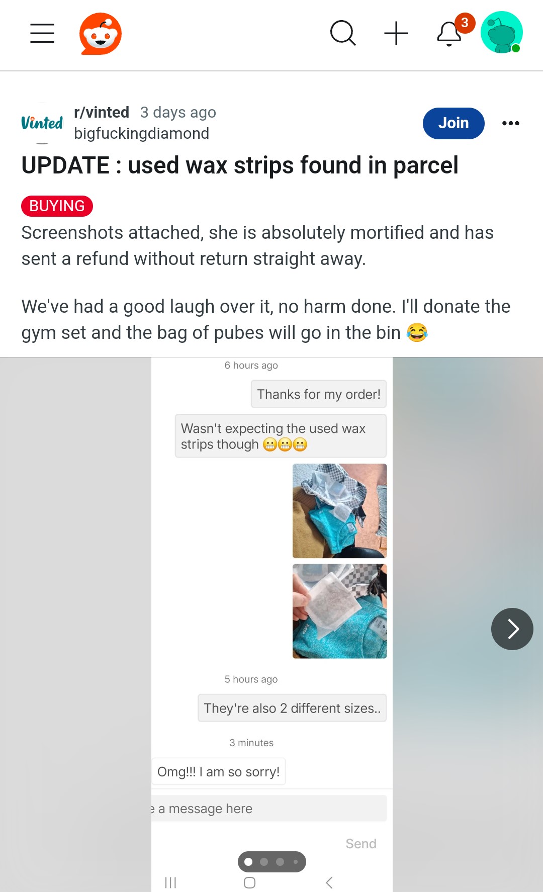 Nel pacco spedito dalla venditrice su Vinted, c'era il set da palestra ma anche una striscia di cera usata.