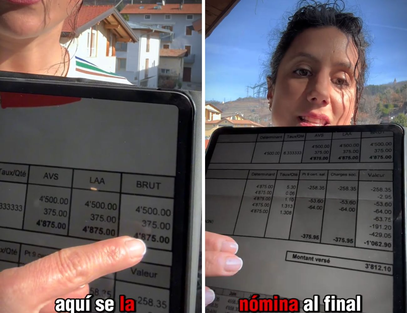 La busta paga di una panettiera spagnola in Svizzera: a sinistra il lordo, a destra il netto.
