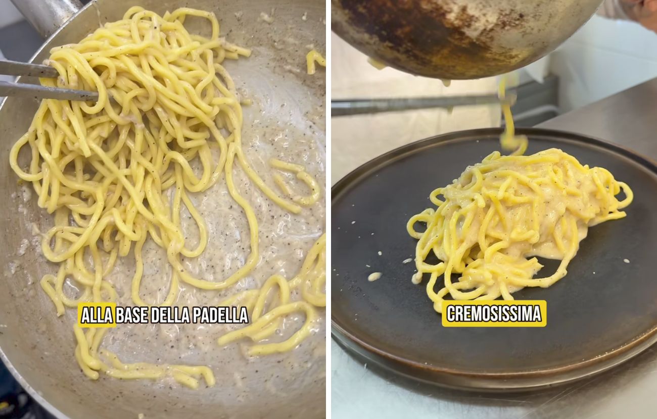 A sinistra, il cacio attaccato alla padella, a destra la pasta recuperata grazie all'acqua frizzante e impiattata