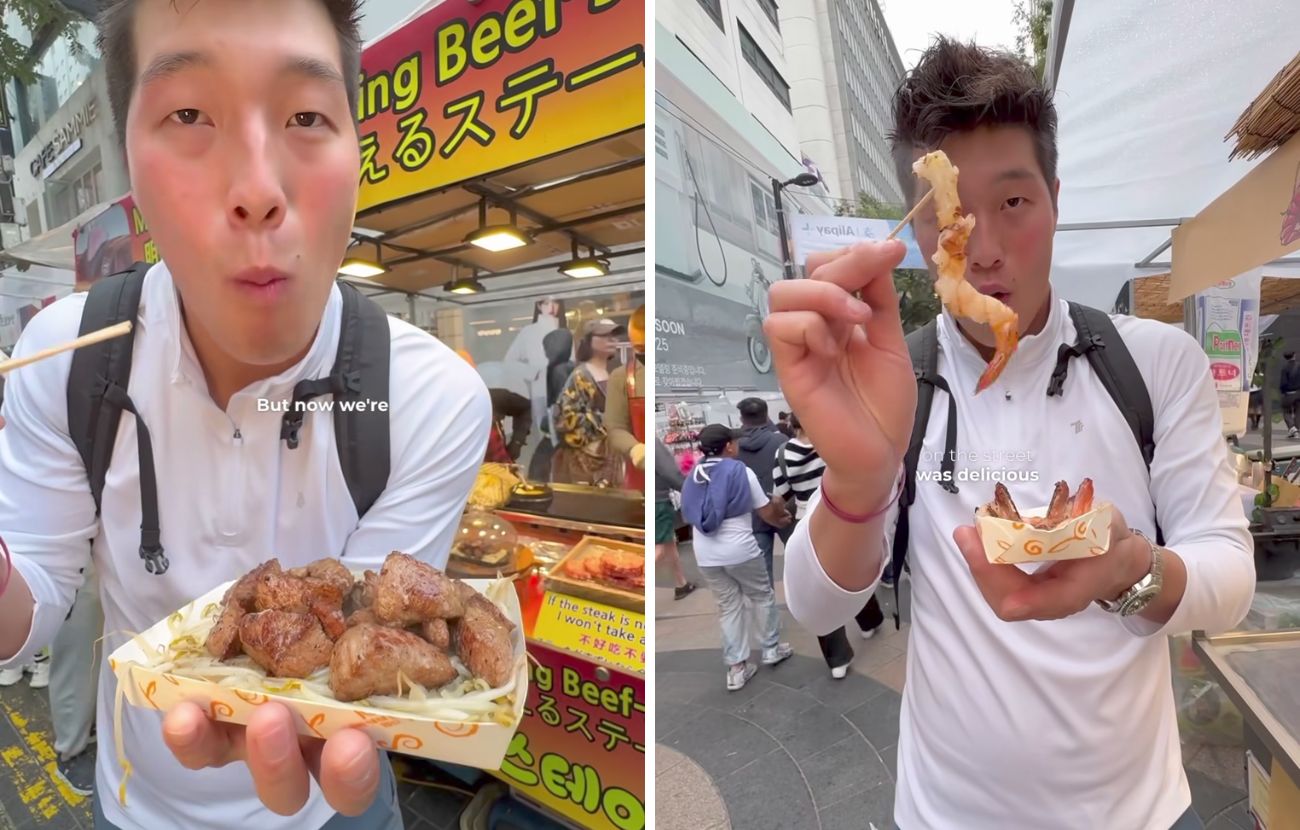 I due cibi da strada preferiti del content creator a Seul: una bistecca su germogli di soia e gamberi alla piastra.