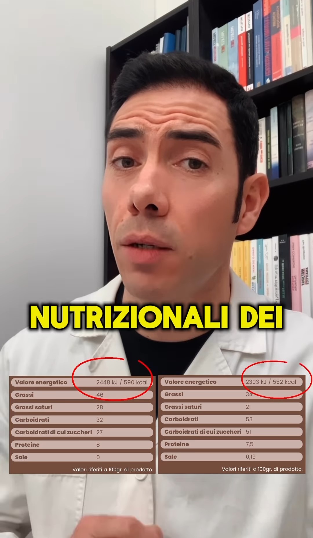 Il dietista ha mostrato i valori nutrizionali del cioccolato a latte e di quello fondente, mostrando come le differenze siano minime, al punto da definirle irrilevanti.