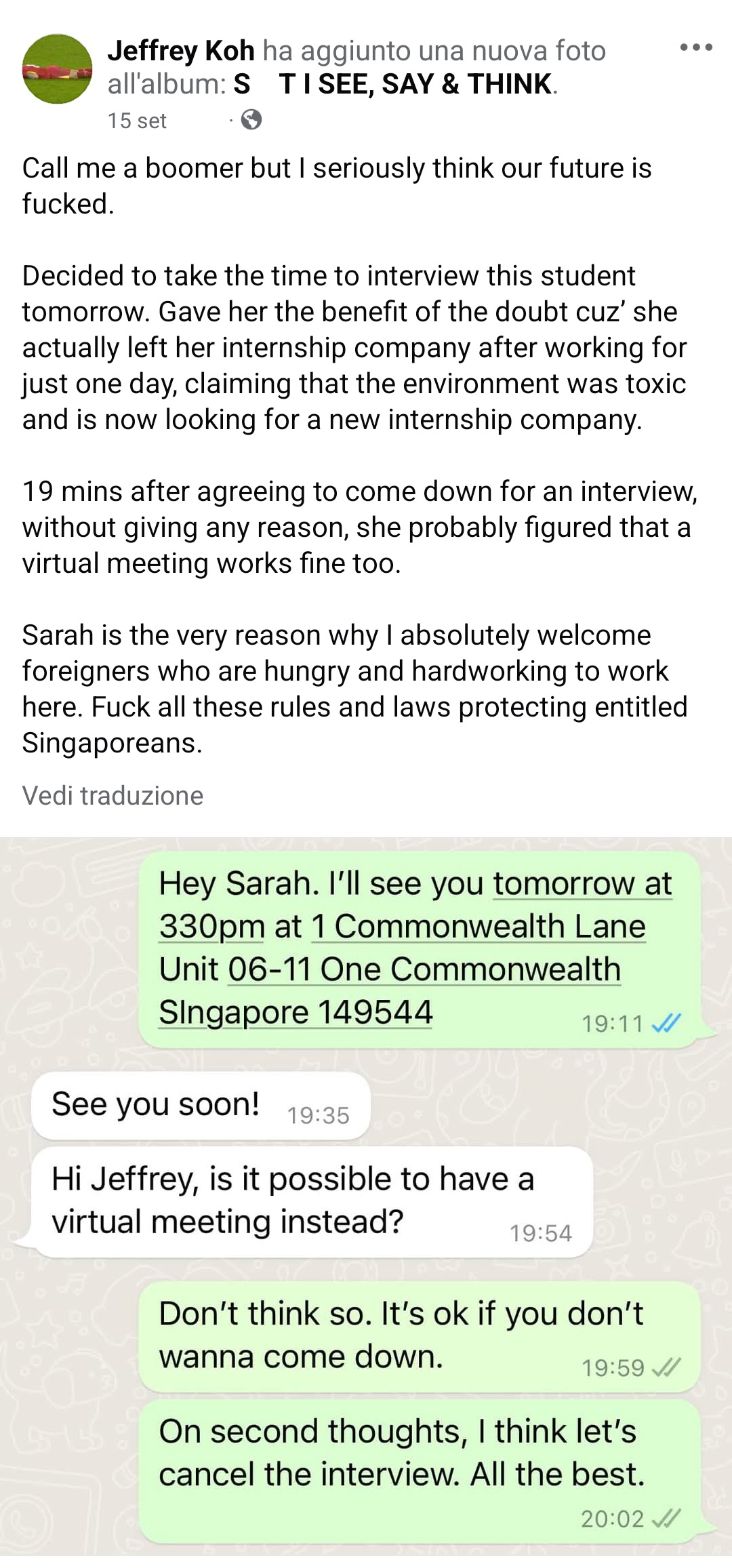 Lo scambio tra il dirigente e la candidata, che ha chiesto di sostenere il colloquio online ricevendo un secco "no" come risposta.