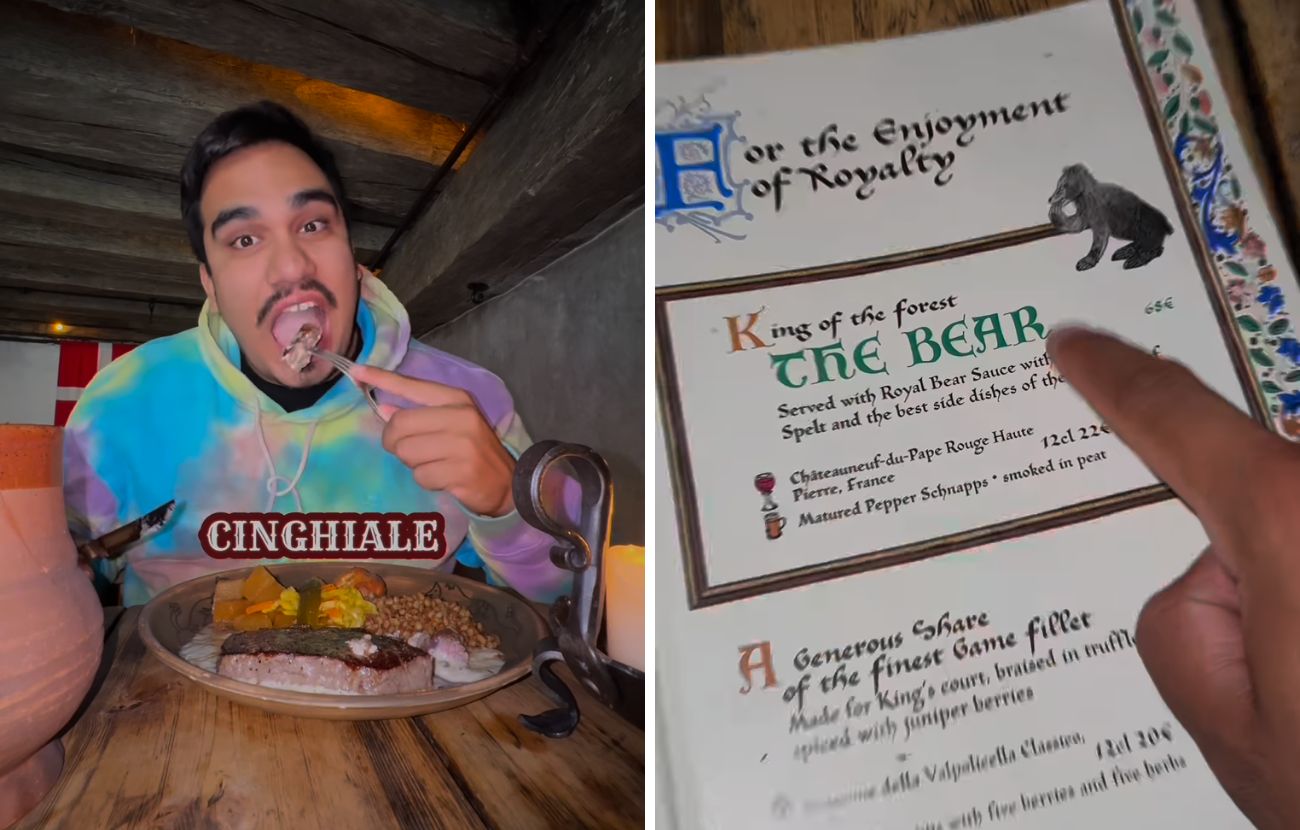 A sinistra il piatto completo di carne d'orso e contorni, a destra l'originale menù con la pagina dedicata alla pietanza.