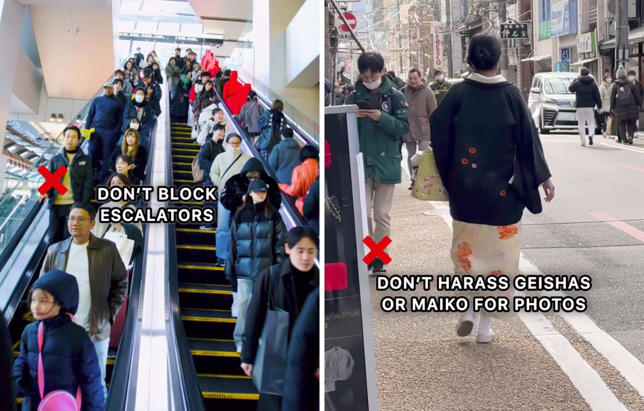 Tra le cose da non fare in Giappone per non sembrare il classico turista indisciplinato segnaliamo mettersi sul lato sinistro delle scale mobili e fare foto alle geishe.