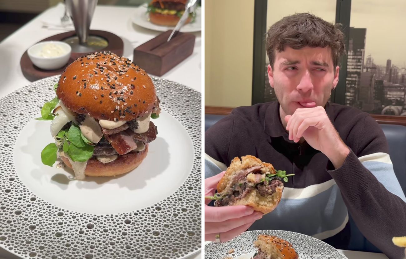 A sinistra l'hamburger da 100€ di Gordon Ramsey, a sinistra l'espressione facciale di Carmie dopo il primo morso.