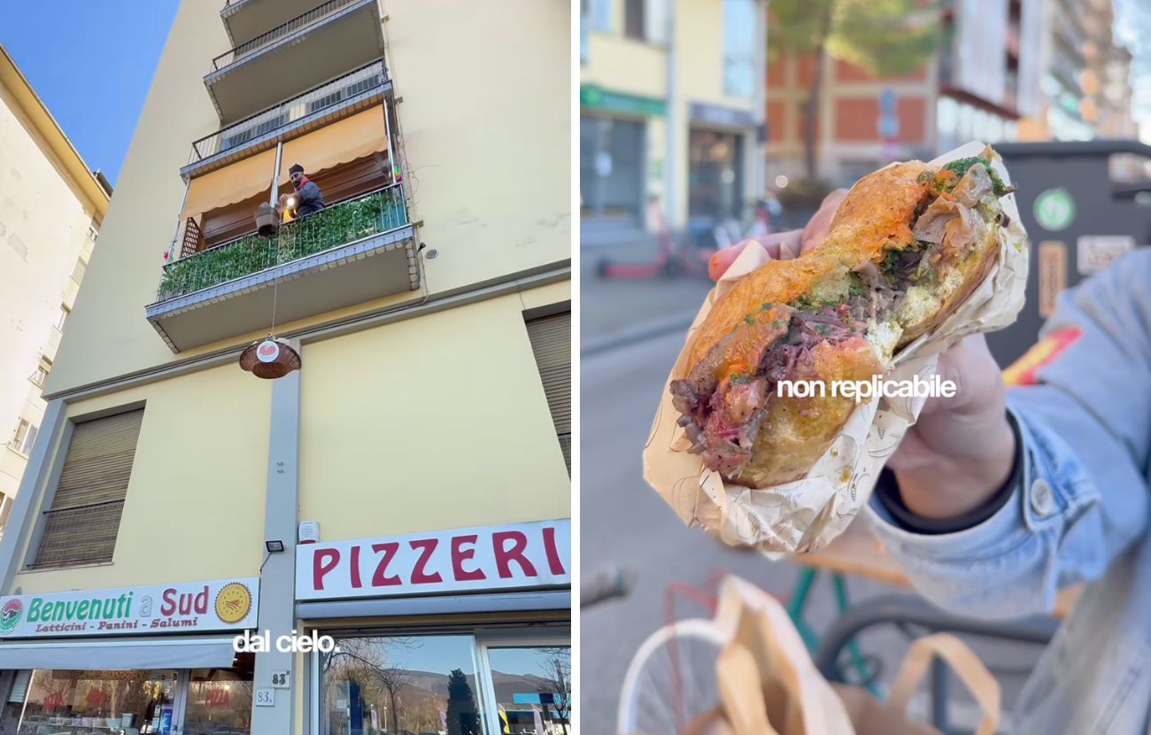 A sinistra il modo curioso con cui viene consegnato il cibo ai clienti, a destra un primissimo piano del Lampredotto vegano.