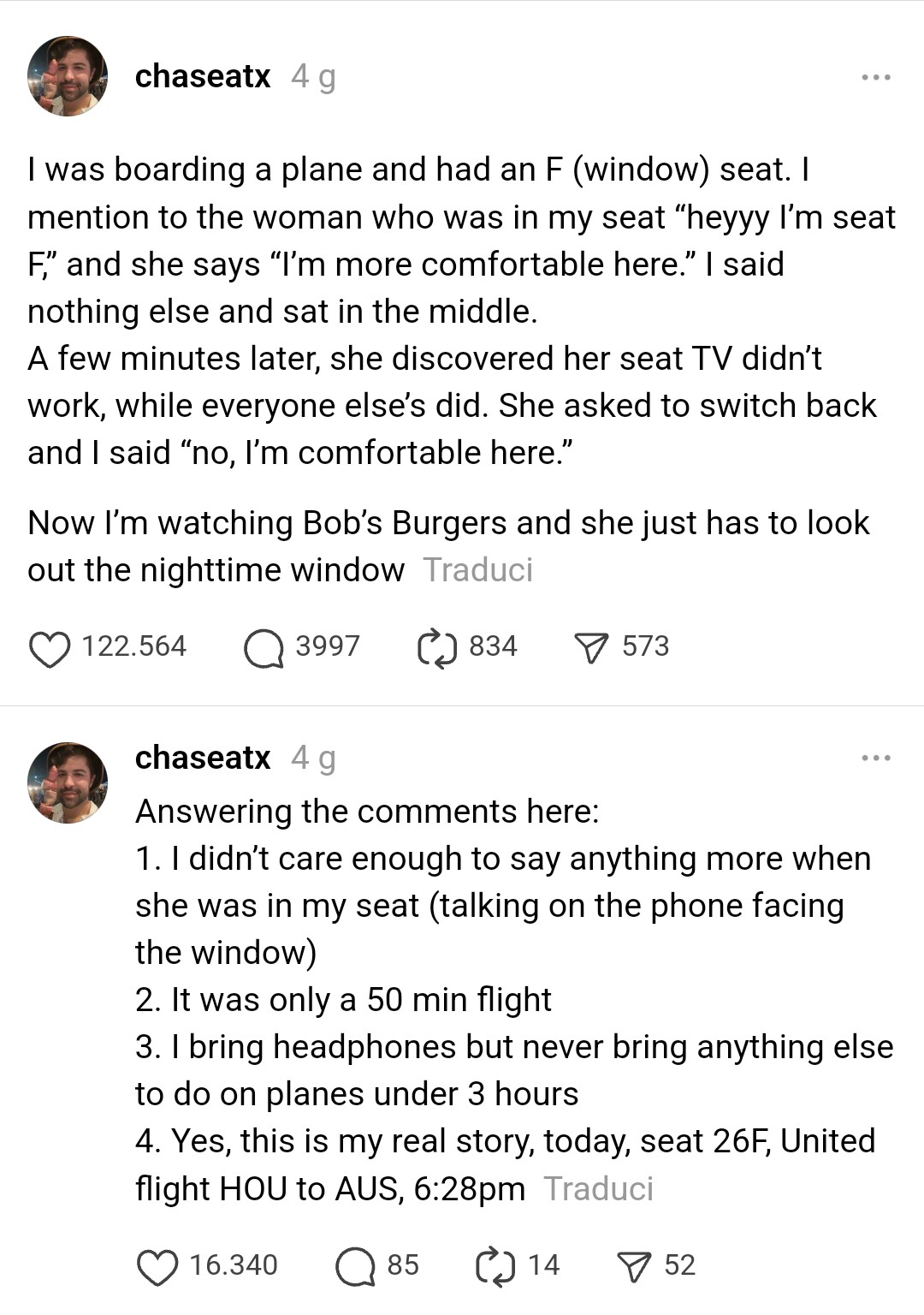 Il post di Chase Cangelosi su Threads, in cui racconta della punizione del karma per la donna che aveva occupato il 'suo' posto lato finestrino.