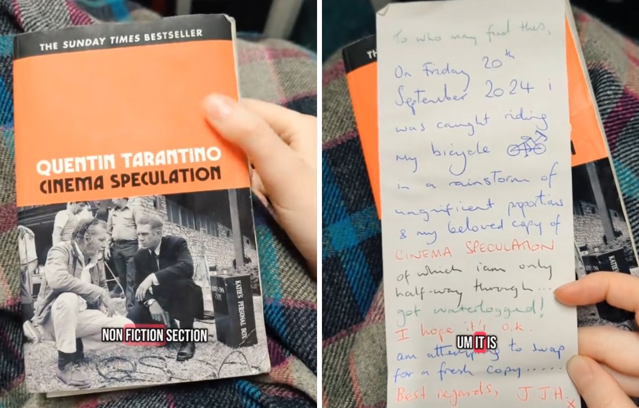 A sinistra la copertina del libro, a destra il bigliettino inquietante scritto dal proprietario del tomo che ne ha rubato uno nuovo dalla libreria.