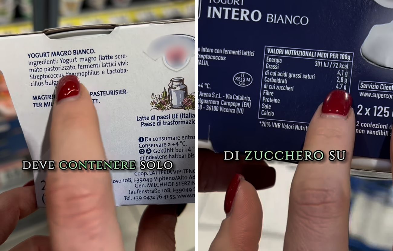 Due liste ingredienti di altrettanti yogurt sani, perché contengono meno di 5 grammi di zucchero e solo latte e fermenti.