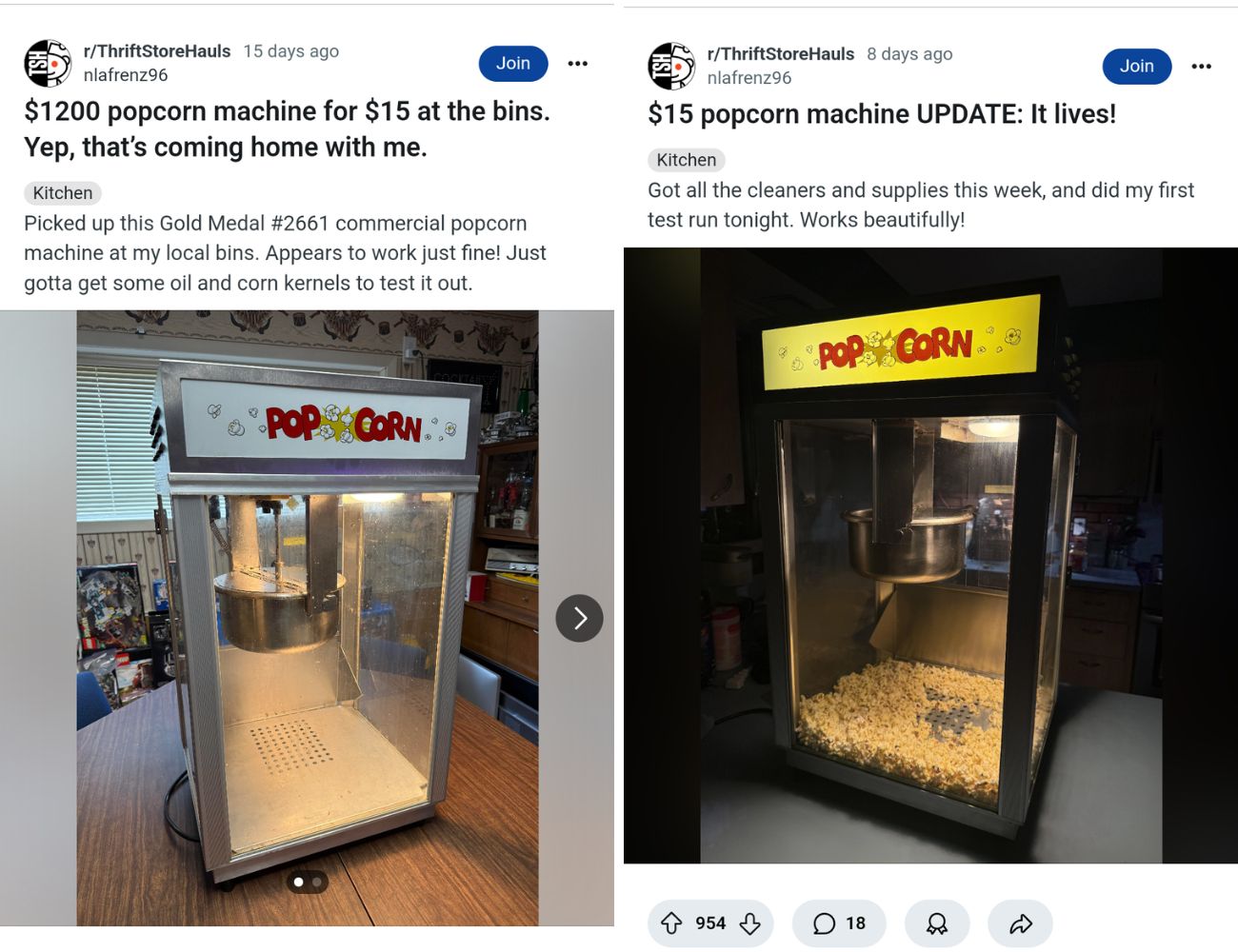 A sinistra la macchina da popcorn usata appena acquistata, a destra il post in cui il proprietario esulta perché, nonostante tutto, "funziona".