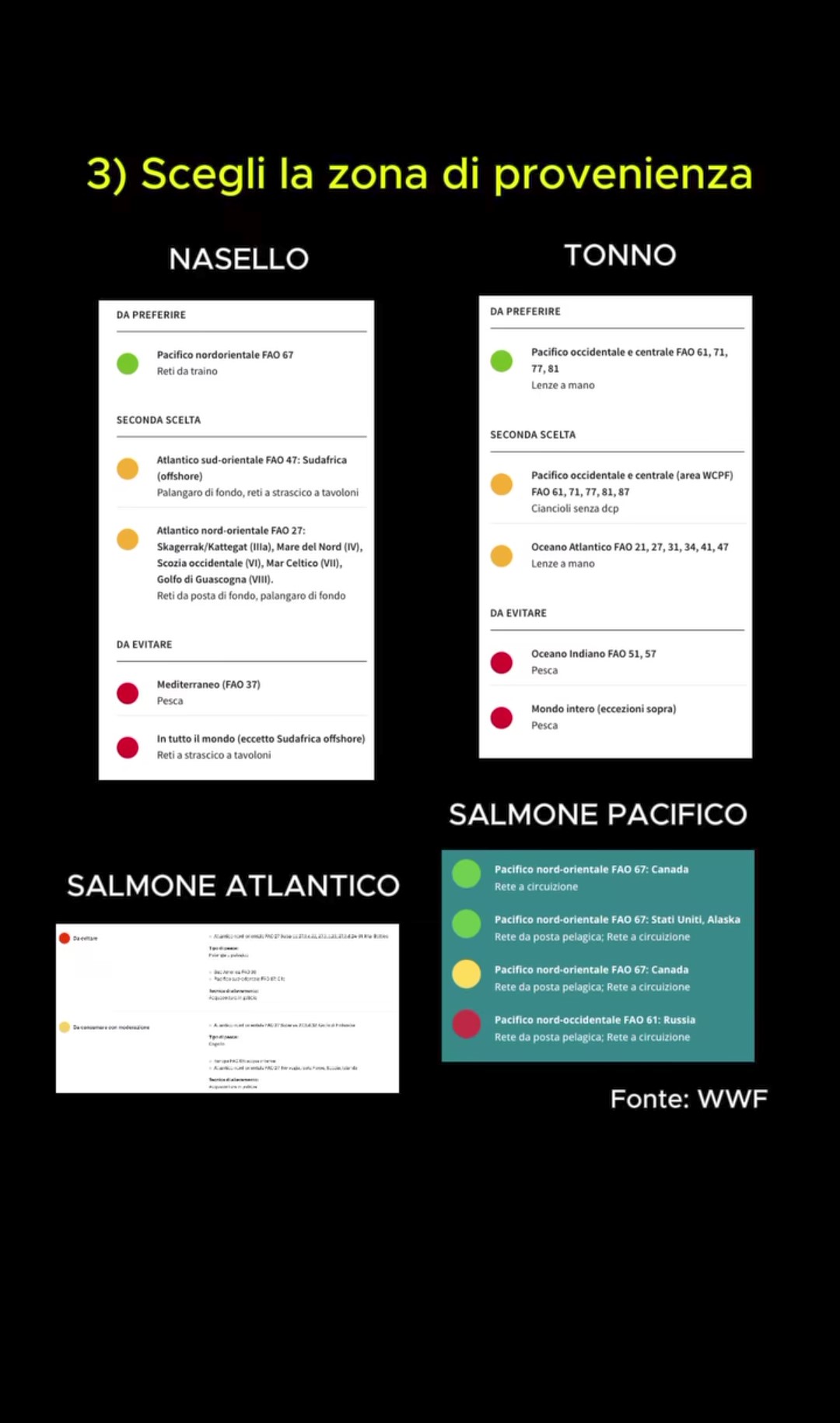 Una tabella informativa del WWF su come scegliere il pesce in base al mare/oceano di provenienza.