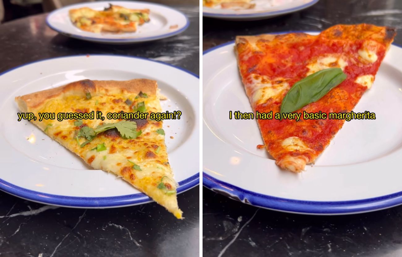 La pizza con mozzarella e coriandolo (sinistra) e la margherita (destra) da Gordon Ramsey e Londra