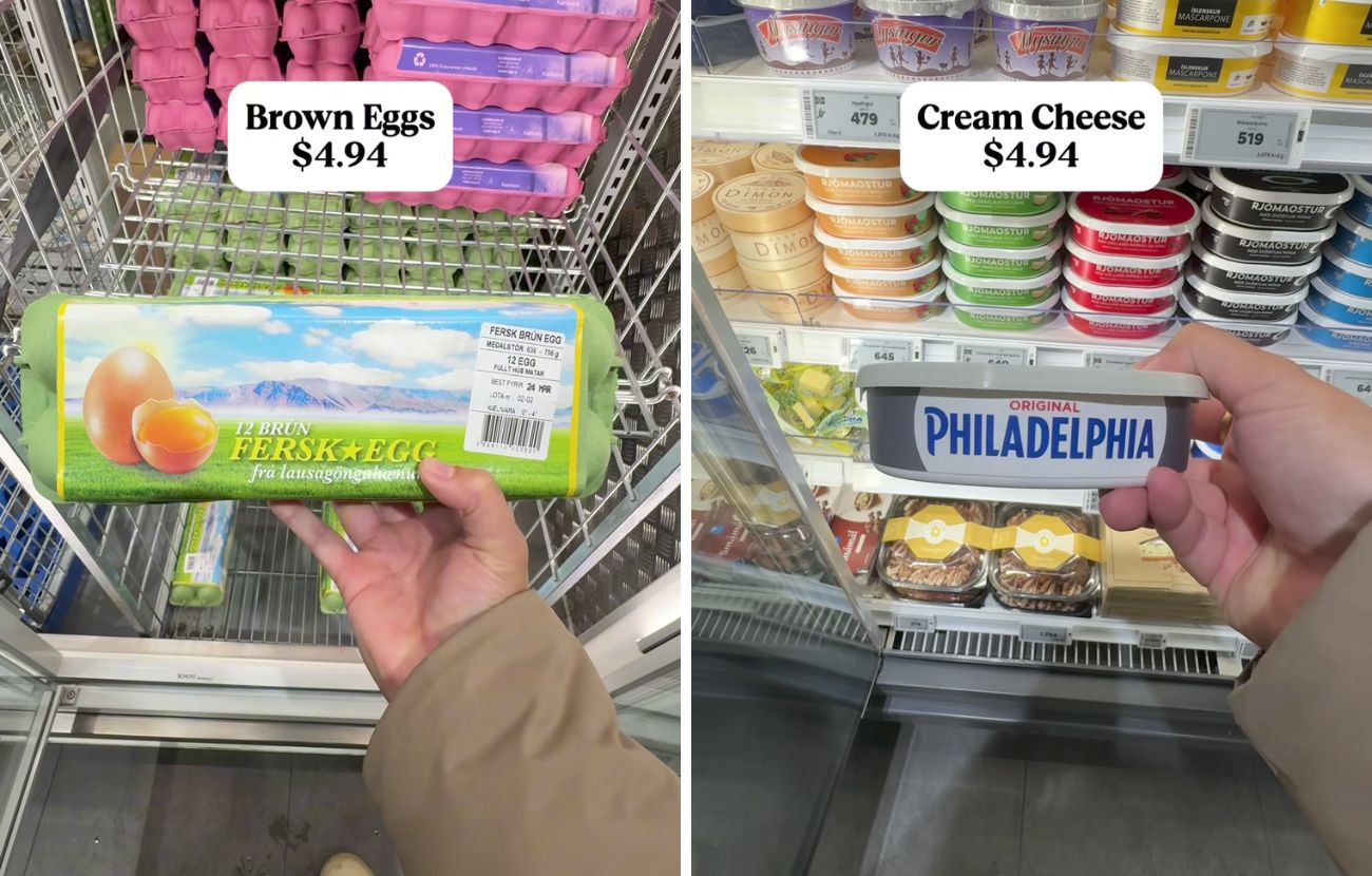 Due prodotti alimentari di largo consumo in Islanda e i relativi prezzi in dollari statunitensi (praticamente uguali all'Euro)