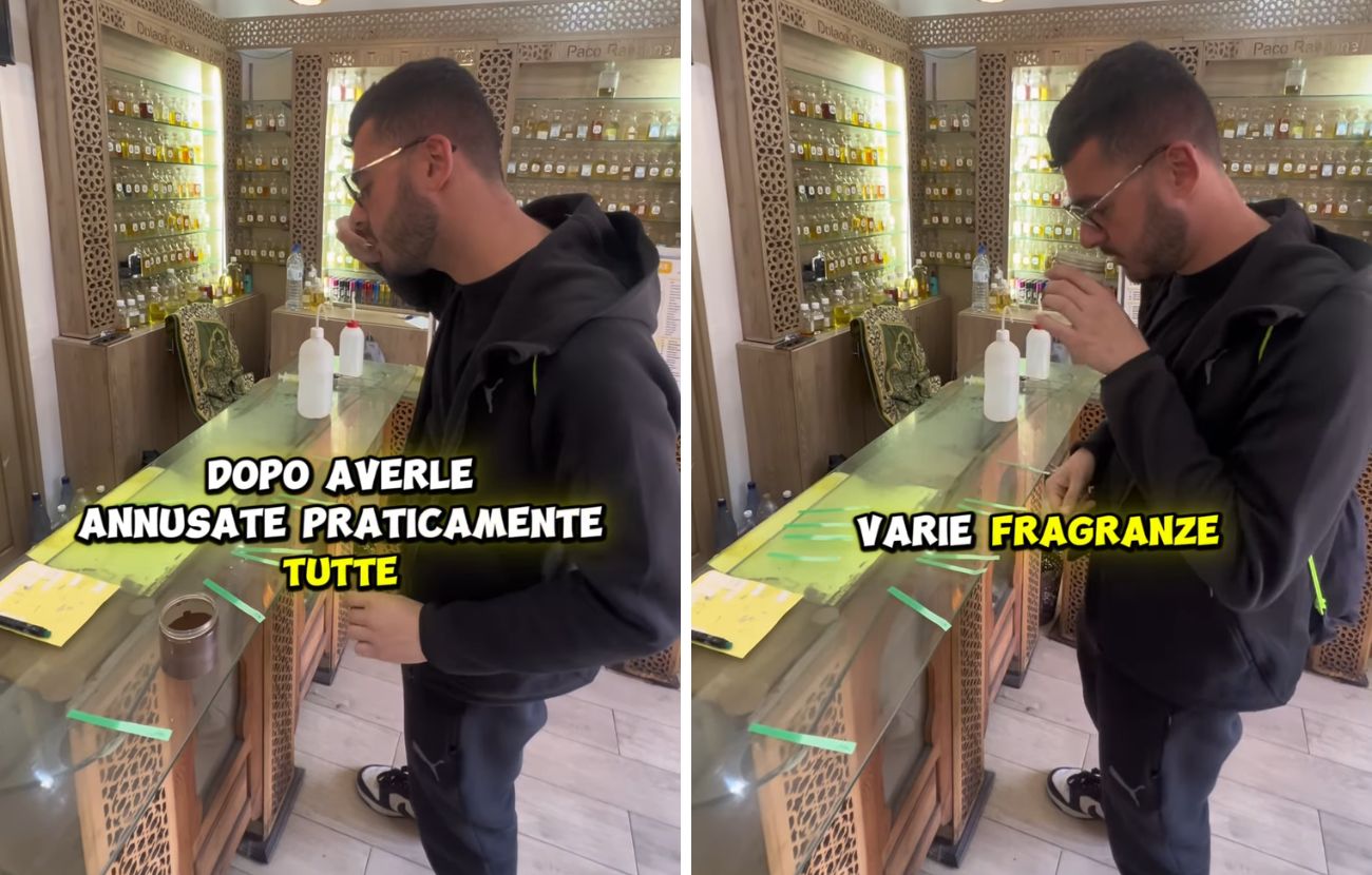 Come si vede, sul tavolo ci sono dei cartoncini imbevuti di profumo e ognuno può annusarle, per poi usare il caffè per "pulire" l'olfatto.