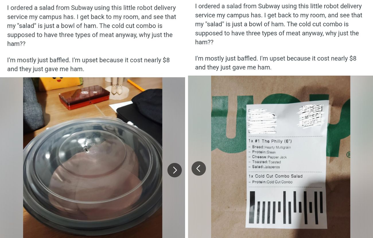 L'insalata preparata dal robot consisteva in 12 fette di prosciutto cotto e null'altro, malgrado lui avesse aggiunto pane ai cereali, bistecca di manzo, jalapenos e altri ingredienti