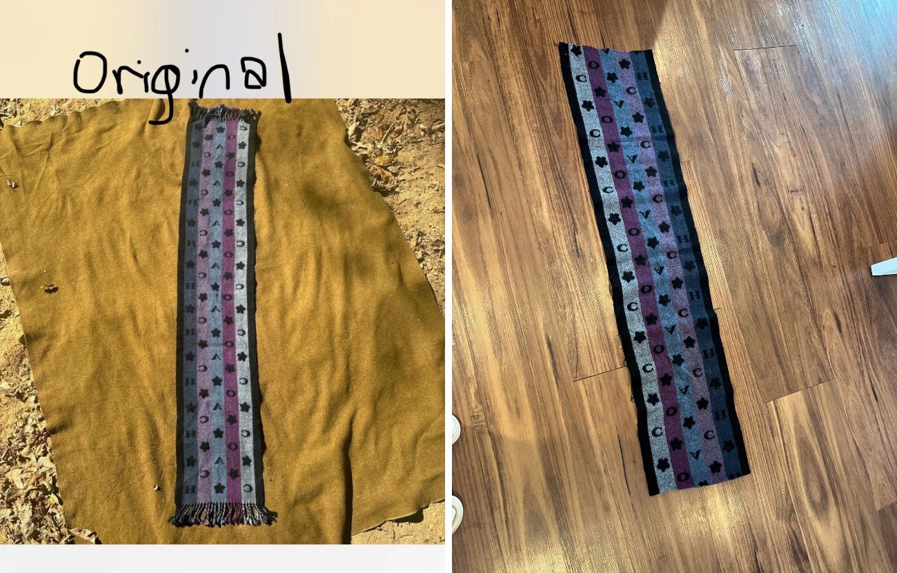 A sinistra la foto su Depop, a destra la sciarpa usata ricevuta a casa.