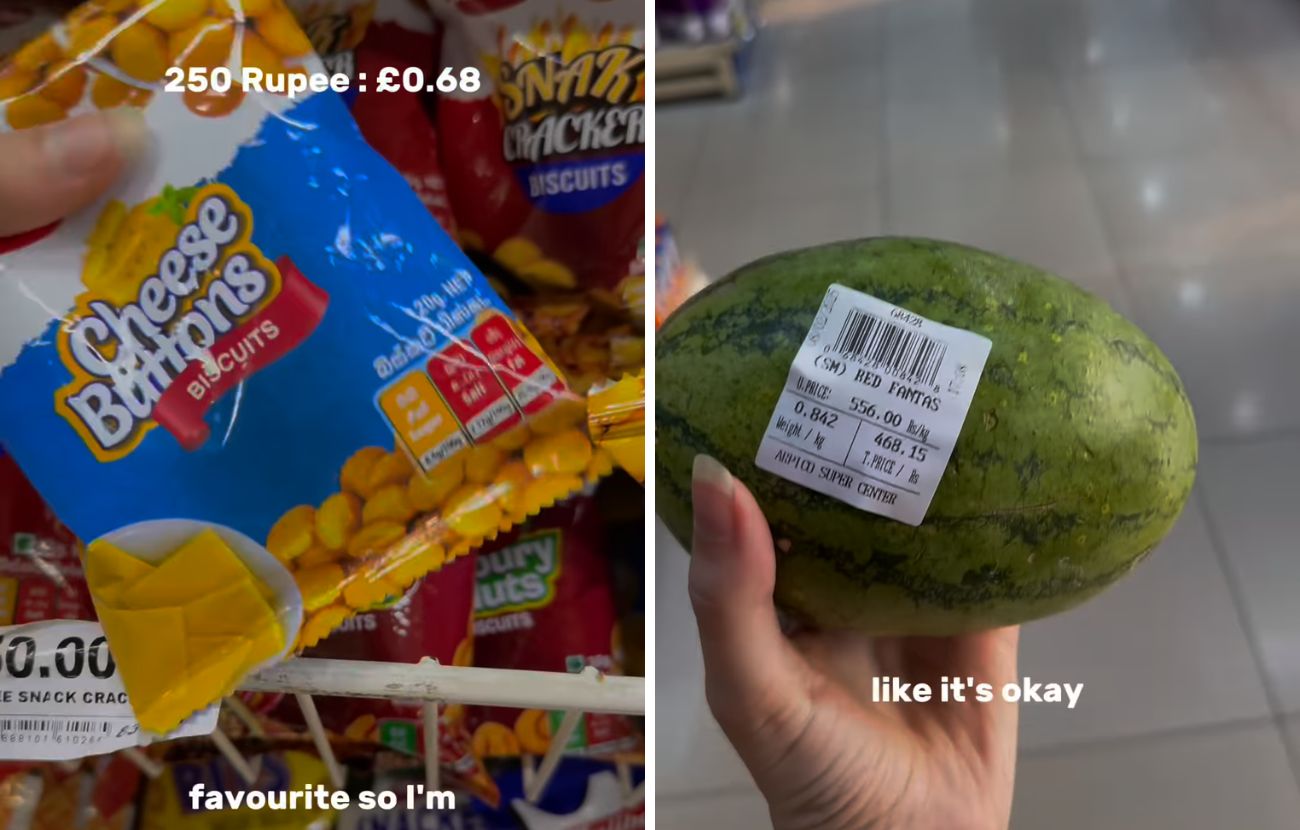 I biscotti al formaggio (20 centesimi) e una piccola anguria (1.40€) in un supermercato di alta fascia in Sri Lanka.