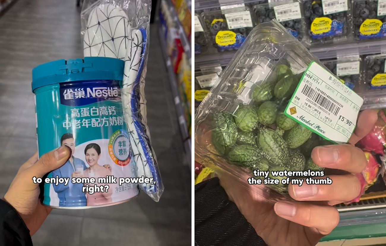 In un supermercato in Cina si trovano meloni grossi quanto ciliegie ma anche guanti da forno regalati insieme al latte in polvere.