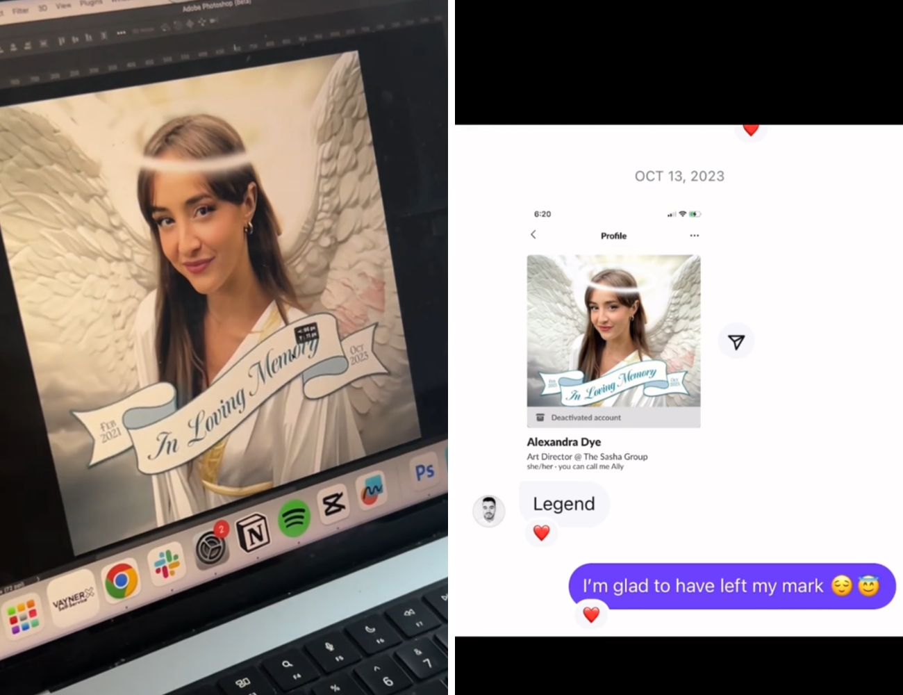 A sinistra l'immagine profilo di Slack ("in memoria di"), a destra uno dei colleghi che l'ha contattata per complimentarsi dell'idea.