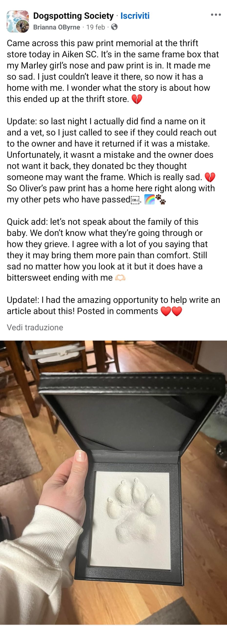 Il calco della zampa di un cane deceduto trovato in un mercatino dell'usato