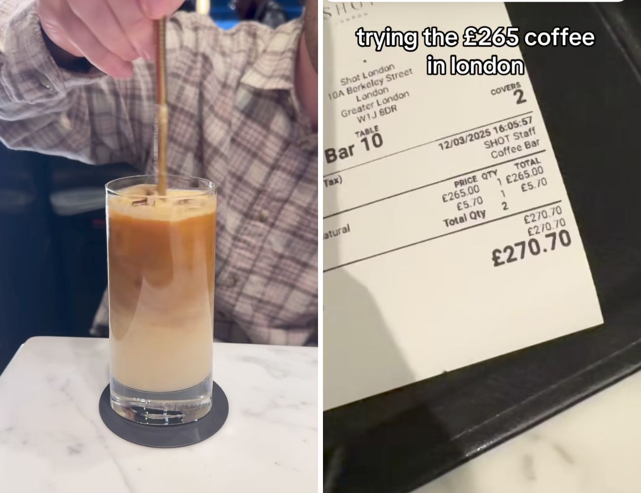 A sinistra il bicchierone con la preziosa bevanda e a destra lo scontrino del caffè da 320€ (più uno da 7€ circa ordinato dal cameraman).