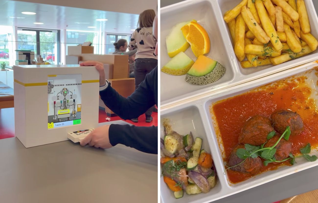 A sinistra la 'cassetta' inserita nel computer a destra il cibo ordinato nel ristorante Lego.