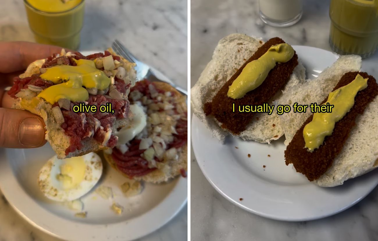 A sinistra il panino con carne macinata cruda, uova (rimosse) e maionese, a destra le crocchette olandesi