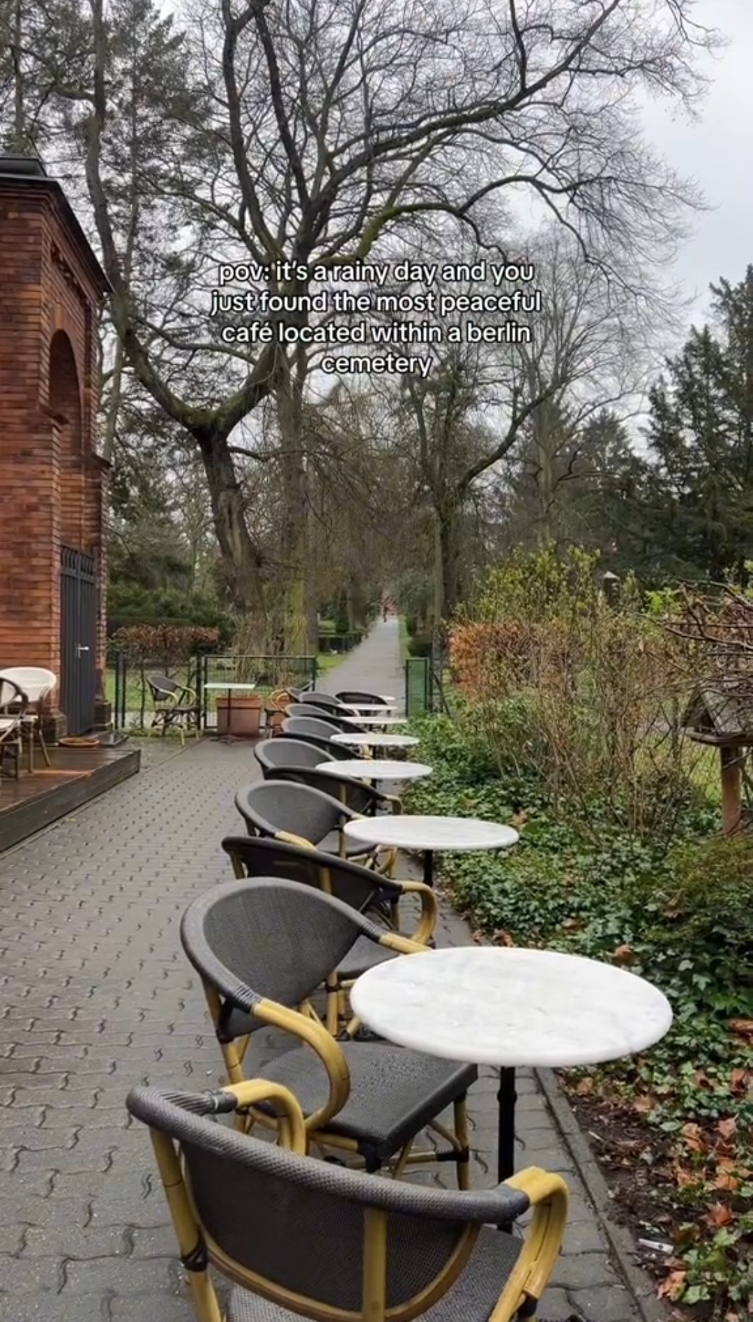 Un altro video virale sui social mostra i tavoli esterni del caffè berlinese situato all'interno di un cimitero di Kreuzberg.