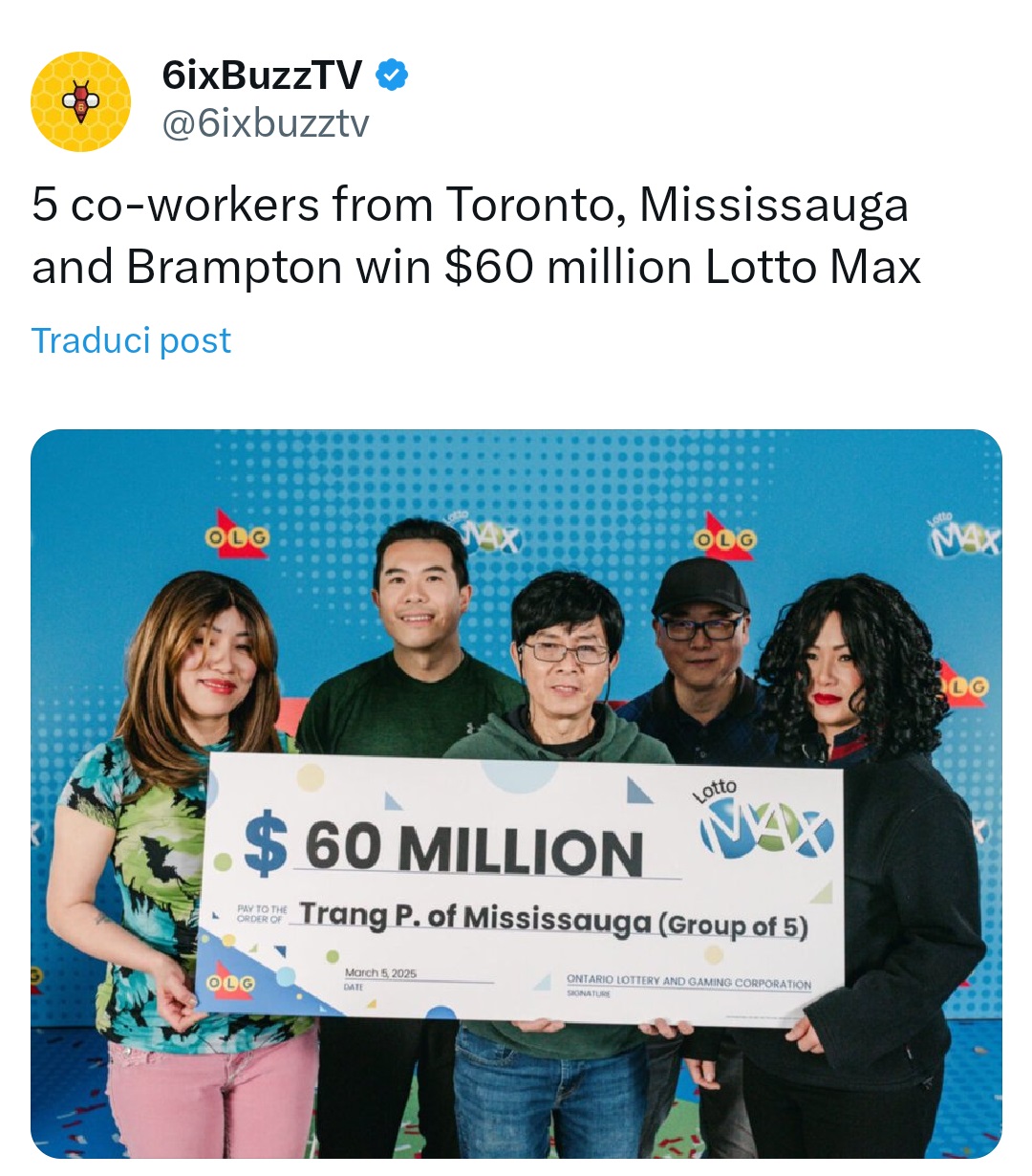 Cinque colleghi hanno giocato alla Lotteria insieme e vinto insieme.