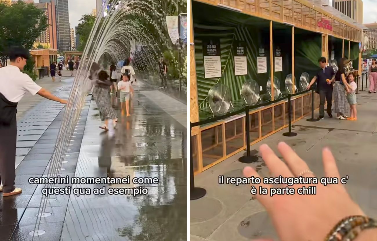 A sinistra le fontane, a destra i ventilatori per combattere il caldo in Corea del Sud.