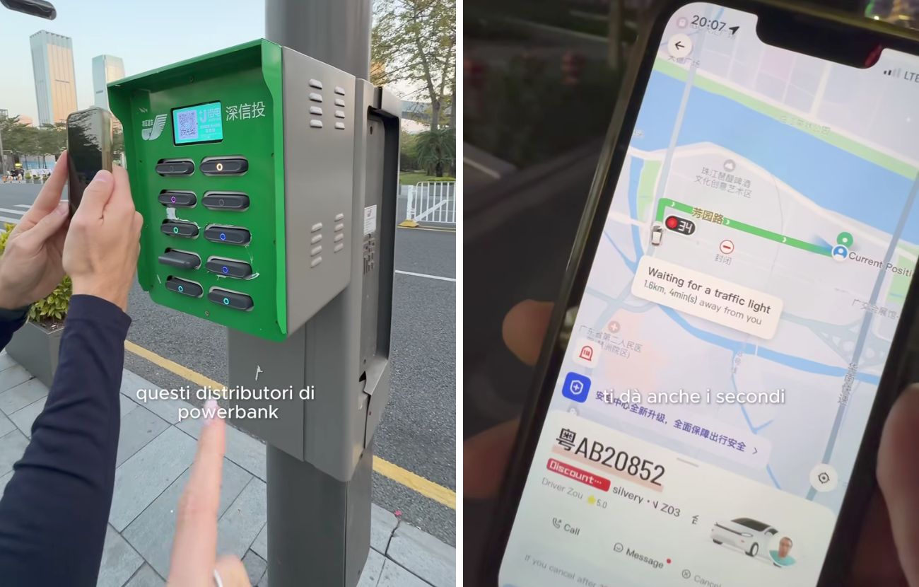 A sinistra uno dei tanti 'distributori' di Power Bank in affitto, a destra l'app dei taxi che dà informazioni incredibilmente dettagliate in tempo reale.