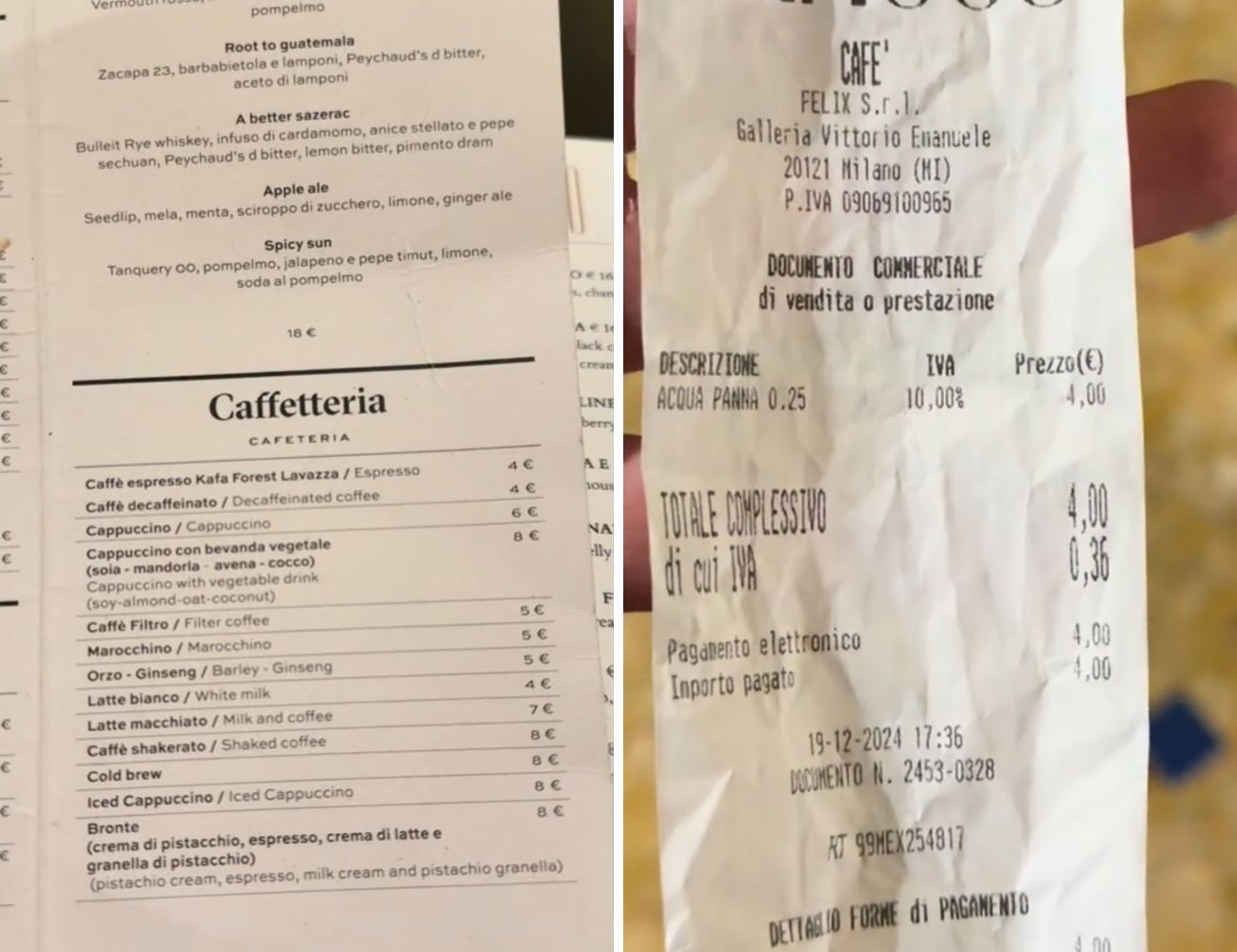 A sinistra una parte del menù del Cafè di Cracco, a destra lo scontrino di 4€ per 250 ml di acqua.