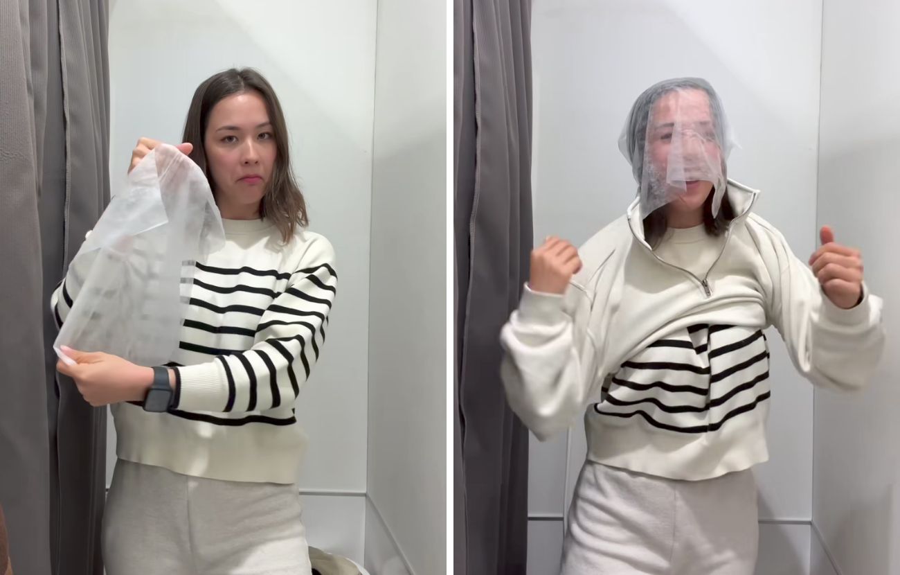 Patricia ha mostrato l'oggetto "in uso": serve a evitare che make-up e prodotti per la cura del viso finiscano sui tessuti bianchi e li sporchino quando vengono indossati nei camerini.