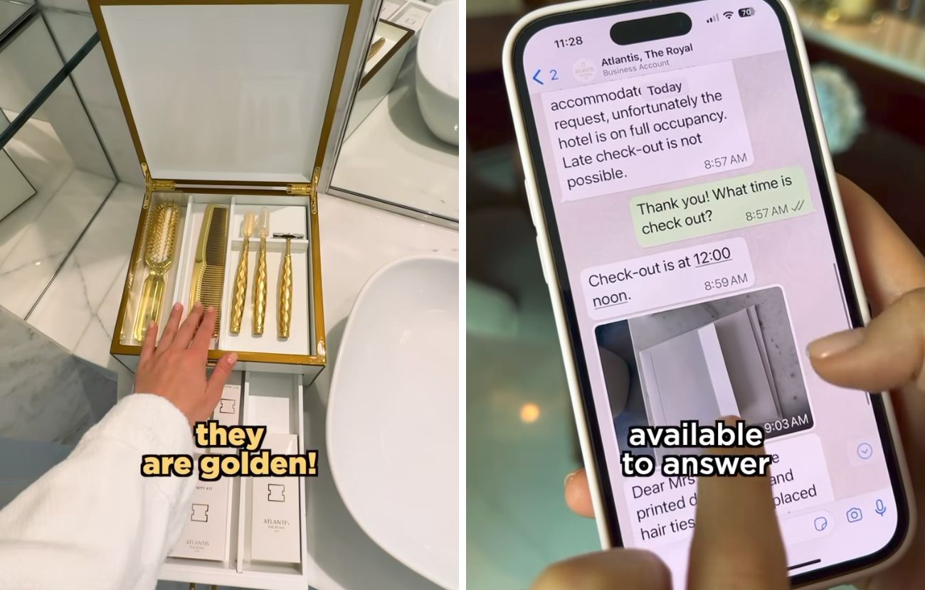 A sinistra gli oggetti da bagno placcati in oro, a destra il servizio di maggiordomo disponibile 24 ore su 24 tramite WhatsApp.